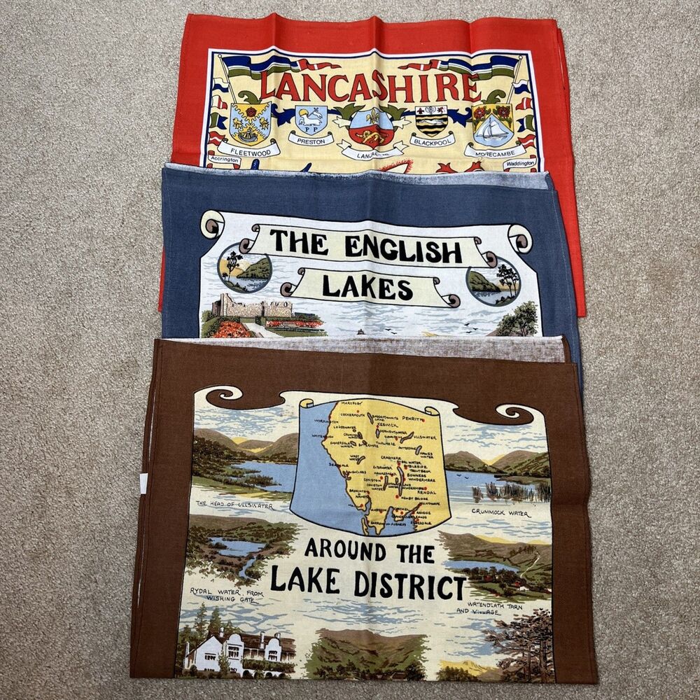 3 VTG English British Tea Towels Lake District Lancashire Clive Mayor Unused‎